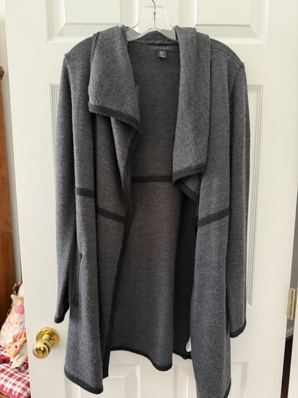 Tahari Charcoal Gray Hooded Open-Front Knit Cardigan